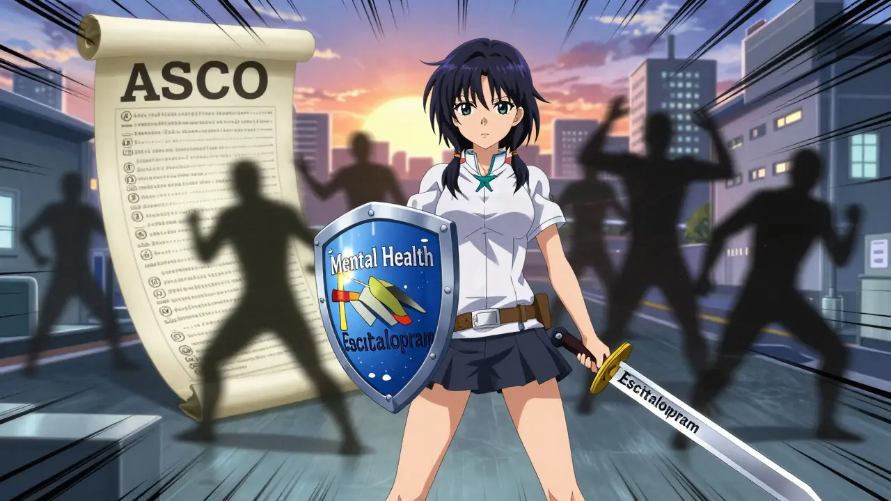 A woman in heroic pose fighting dark antidepressant shadows with a shield for mental health and escitalopram sword.