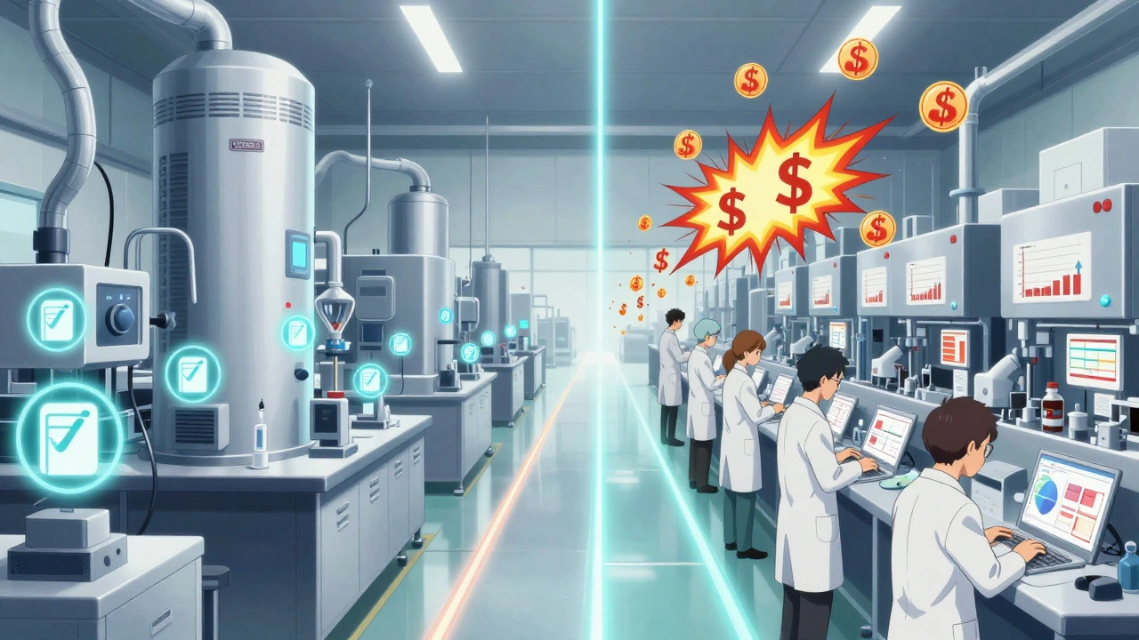 Battle between brand-name drug lab and generic factory connected by a bioequivalence threshold bridge.