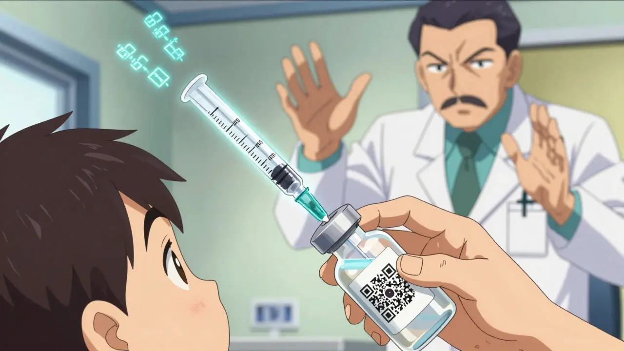 Child using oral syringe with digital dosage readouts and holographic tutorial