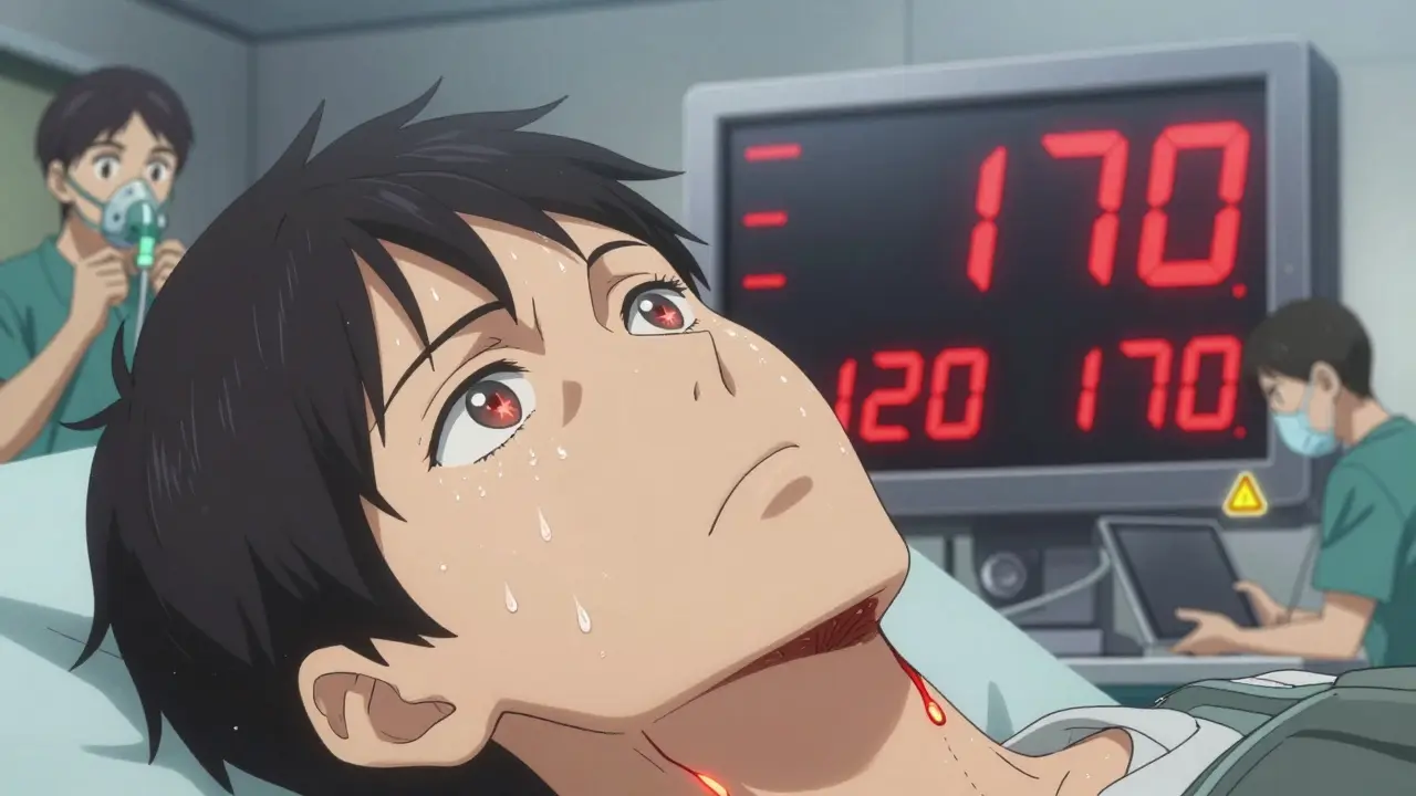 Close-up of a patient’s face with glowing veins and a digital blood pressure monitor spiking to 170 during esketamine administration.