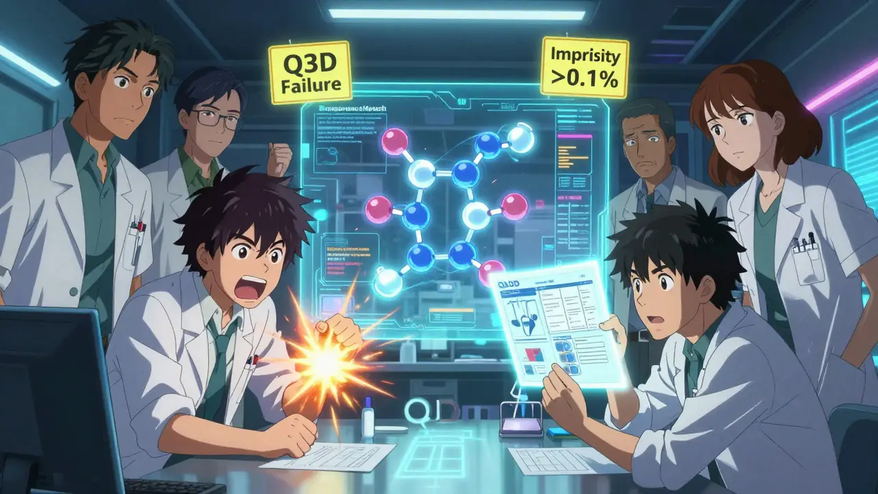 Developers confront holographic drug failures with a glowing QbD blueprint shining brightly in the lab.