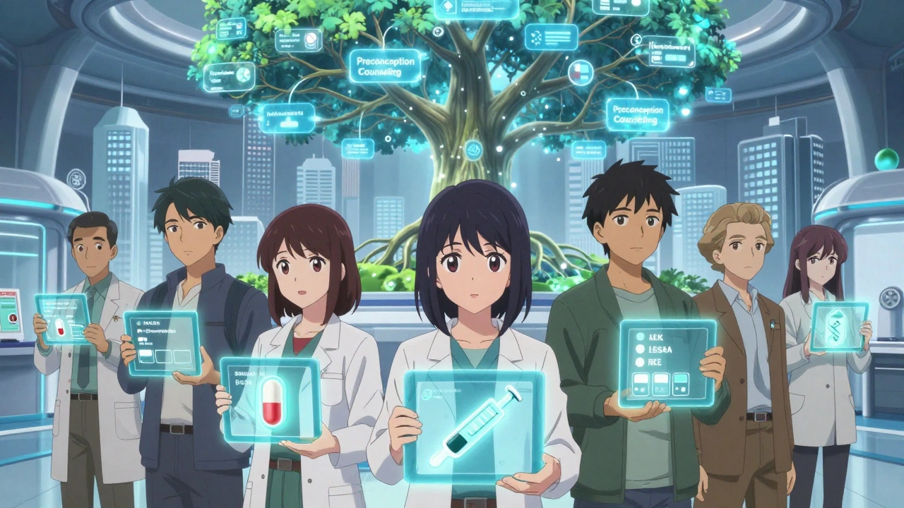 Diverse group in health hub receiving personalized medication safety alerts on glowing tablets, with a symbolic tree of preconception care behind them.