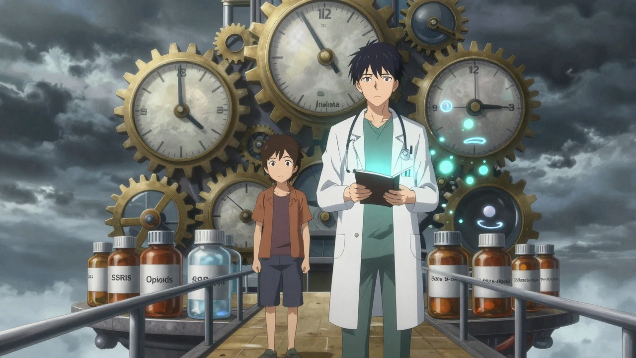 Doctor and patient on a bridge of medication bottles, gears showing different tolerance speeds.