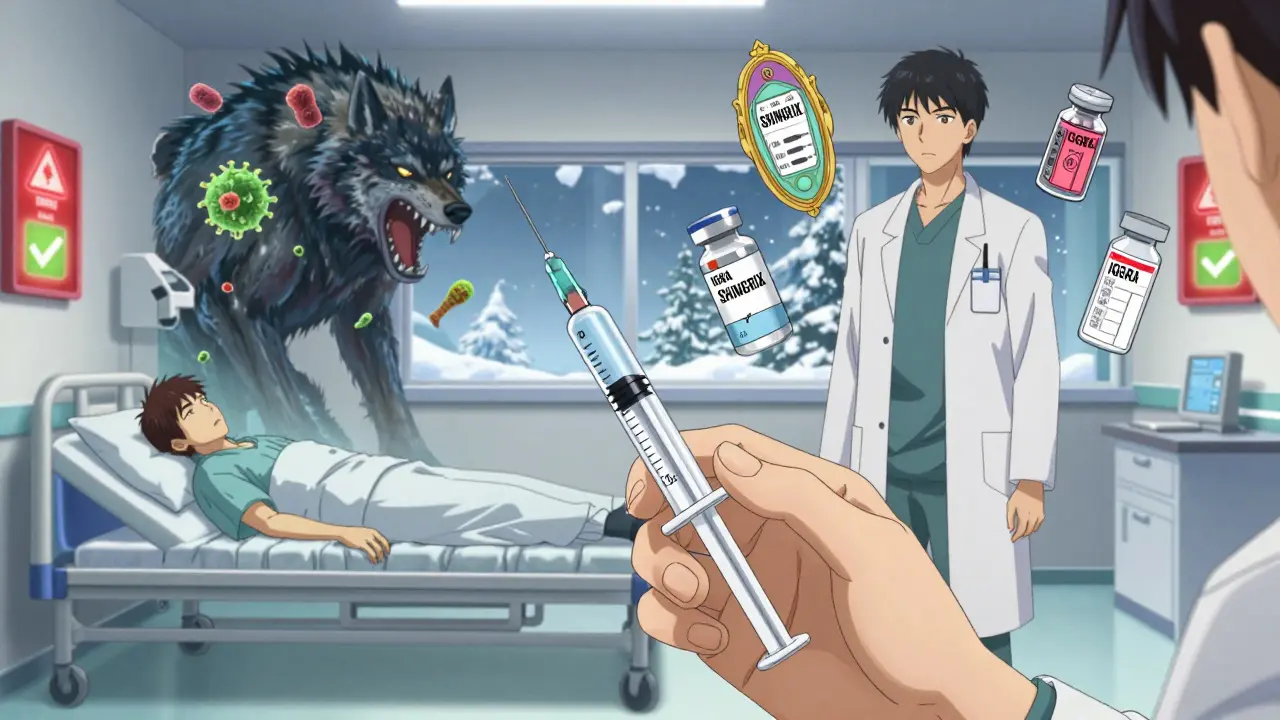 Doctor with syringe, split vision of infection vs. vaccination outcomes