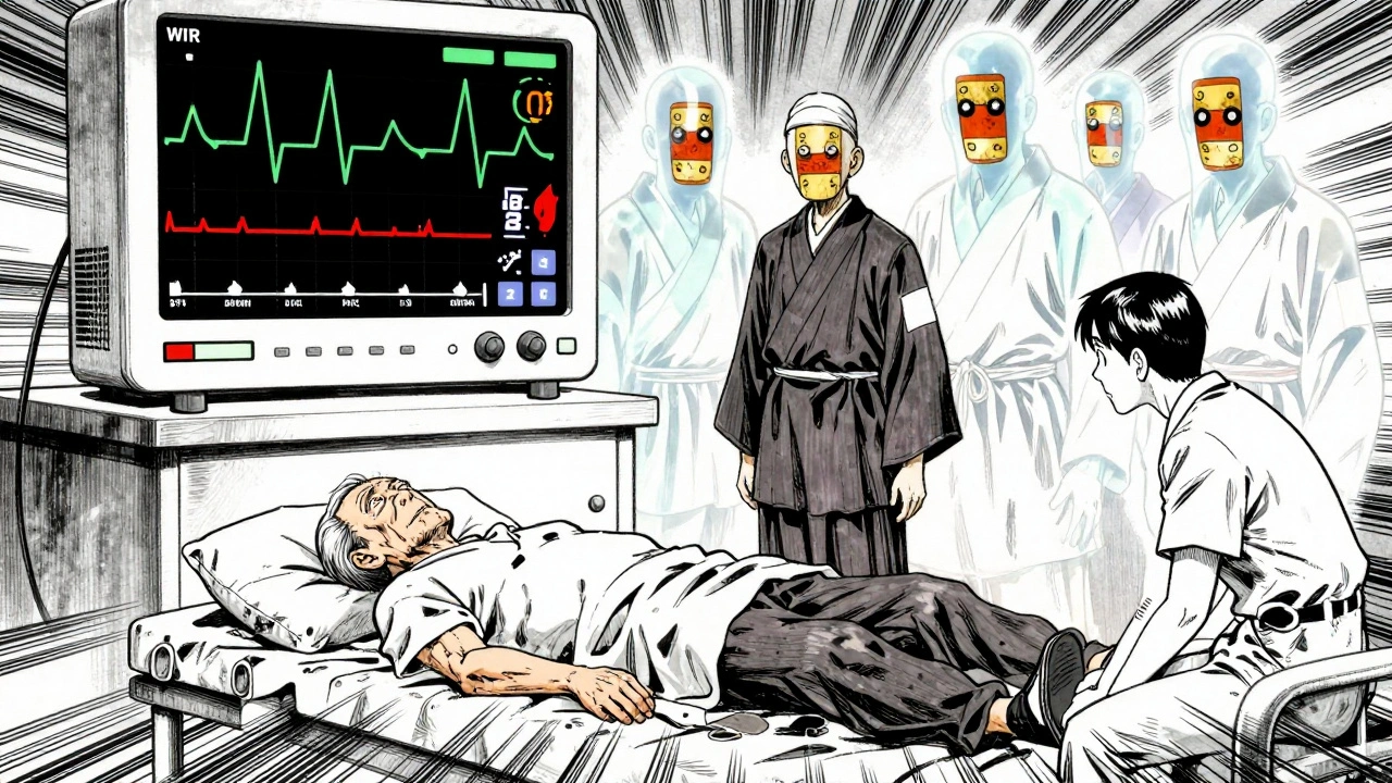 Elderly patient collapsing from orthostatic hypotension, with a distorted ECG monitor and demonic receptor spirits in the background.