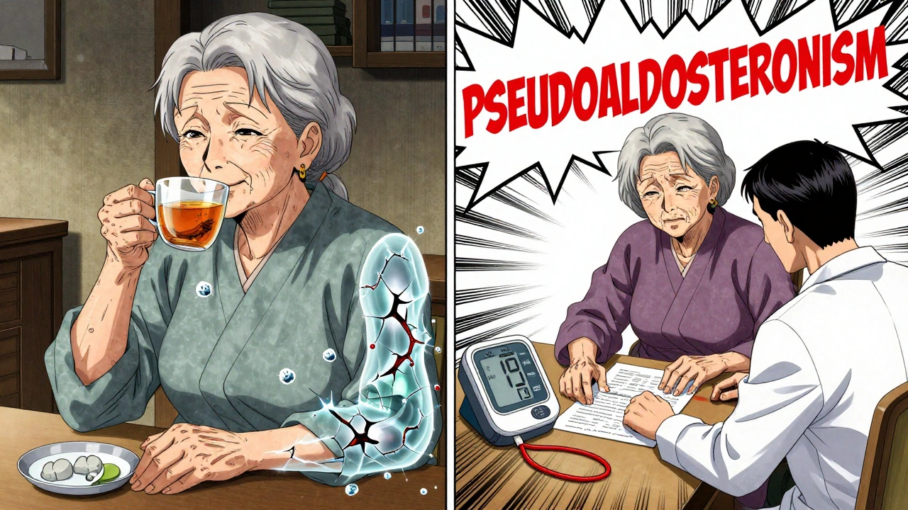 Elderly woman&#039;s body deteriorating from licorice tea while doctor reveals critical lab results.