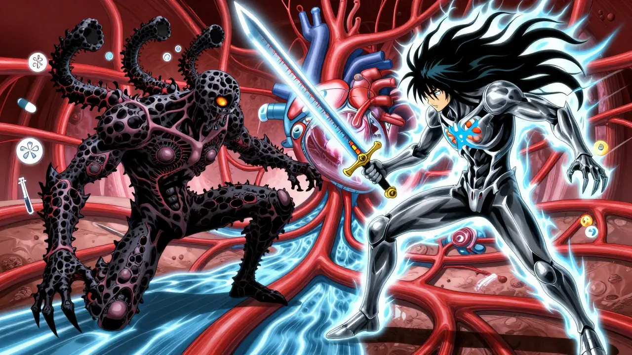 Epic anime battle between Clot Monster and Warfarin Guardian inside a glowing human bloodstream.
