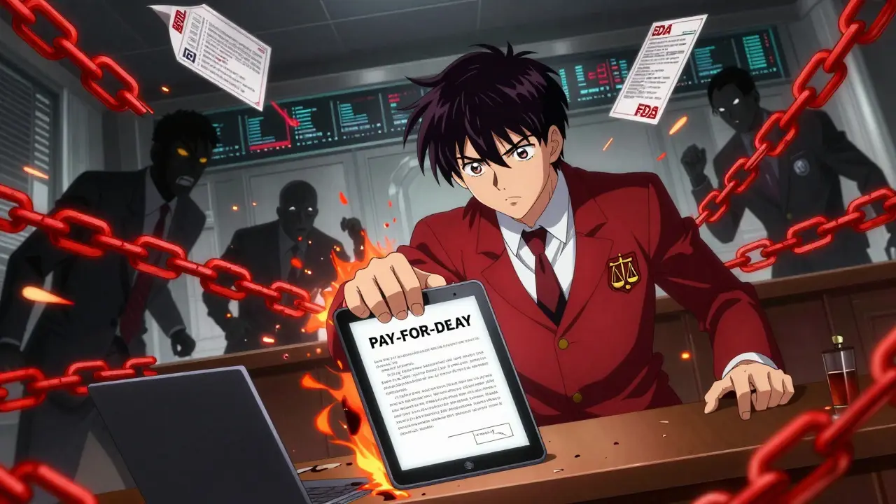 FTC hero shatters illegal pay-for-delay contracts in a dramatic courtroom scene.