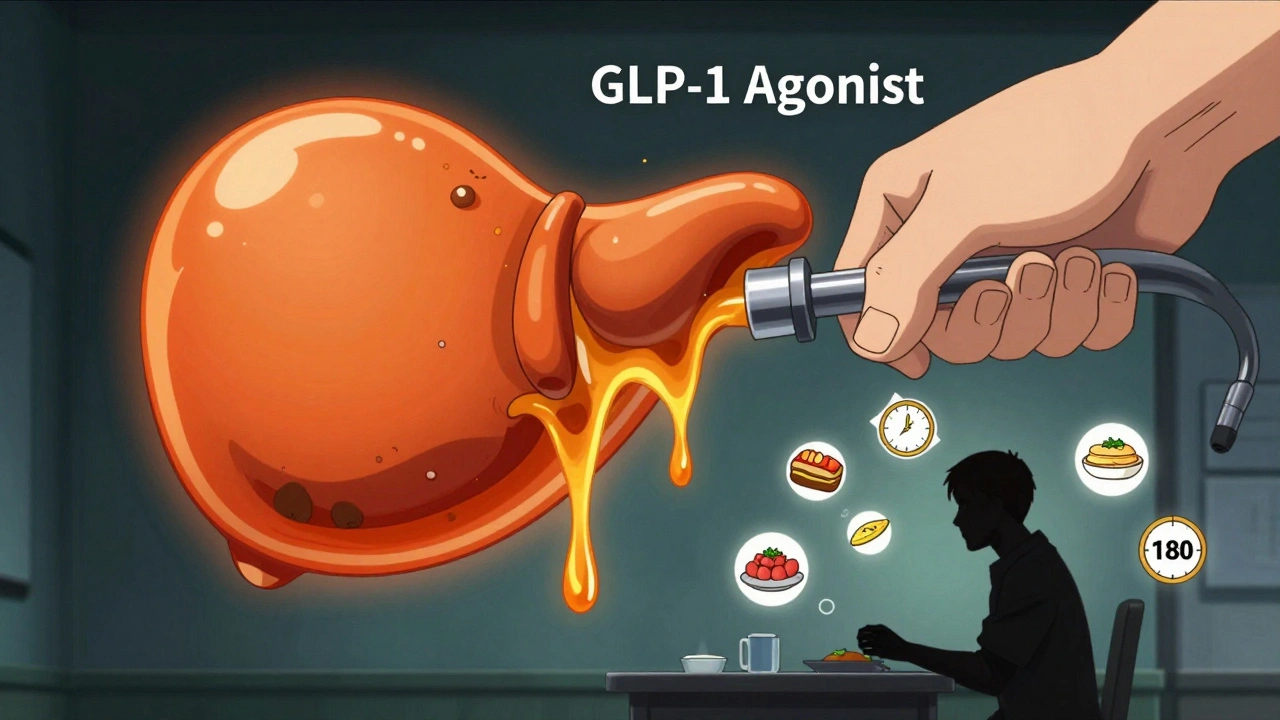 Gallbladder depicted as strained orange sac with thick bile sludge, giant hand labeled &#039;GLP-1 Agonist&#039; blocking its release, ticking clock nearby.