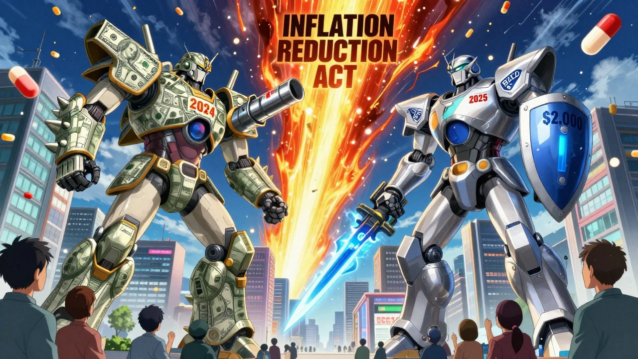 Giant robotic pharmacists battling as 00 cap meteor crashes above a city of pharmacies.