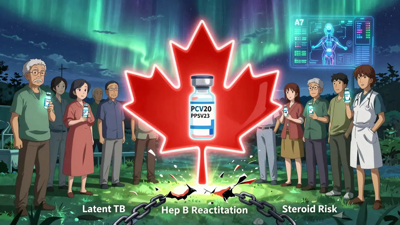 Group of patients holding vaccines forming a maple leaf shield against disease chains