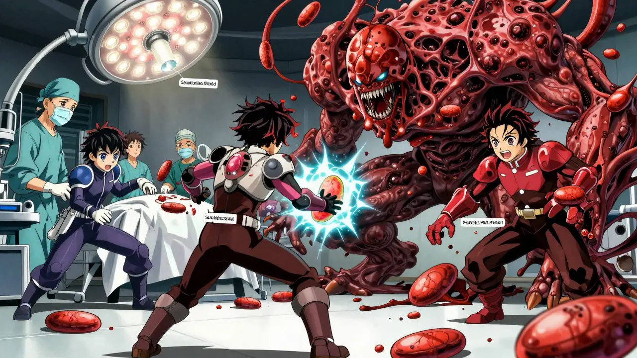 Heroic platelets fighting clotting monster with PRP ability in surgical setting, anime style