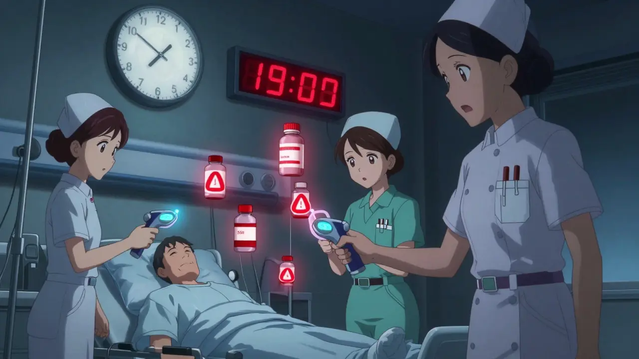 Nurses scanning medication barcodes in a nighttime hospital ward with glowing warnings over high-risk drugs.