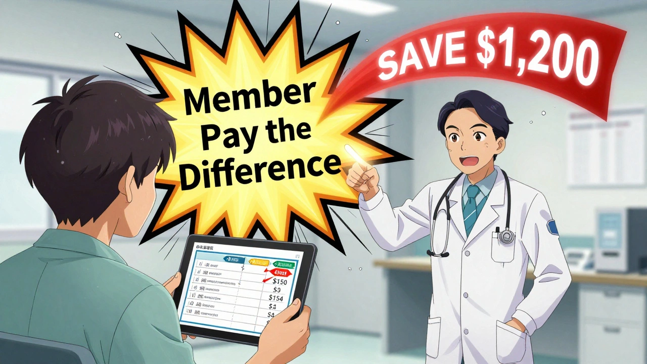 Patient and counselor comparing drug costs with exploding price difference warning sign.