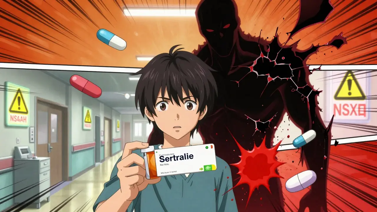 Patient holding sertraline bottle as paroxetine shadow looms with drug icons exploding
