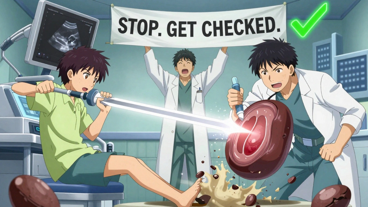 Patient holding ultrasound probe like a sword, beam revealing healthy bile ducts as shattered gallstones crumble, doctor raising &#039;STOP. GET CHECKED.&#039; banner.