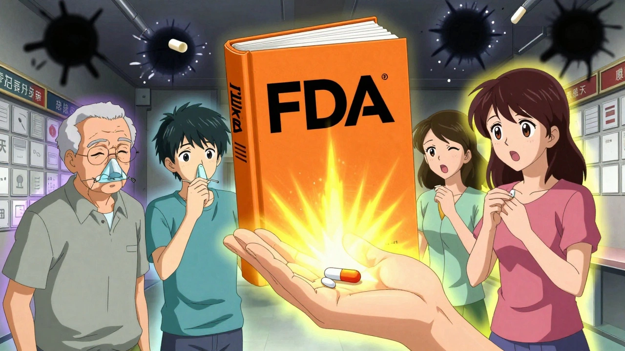 Patients receive generic pills from the FDA Orange Book, health auras glowing as obstacles crumble behind them.