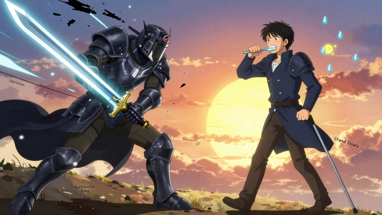 Person breaking free from depression and pain armor using low-dose nortriptyline, surrounded by symbols of safe management like water, toothbrush, and cane.