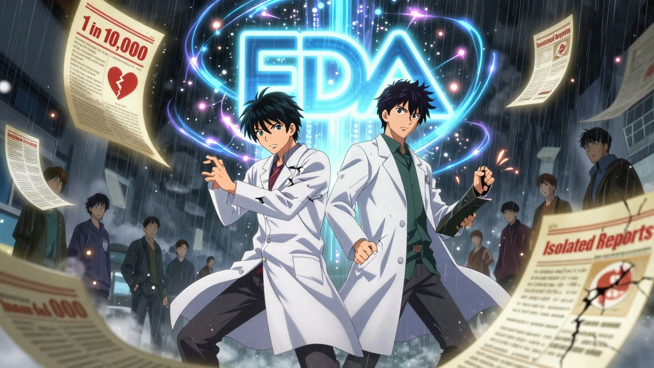 Pharmacist and doctor battling floating medical reports in a storm of data.