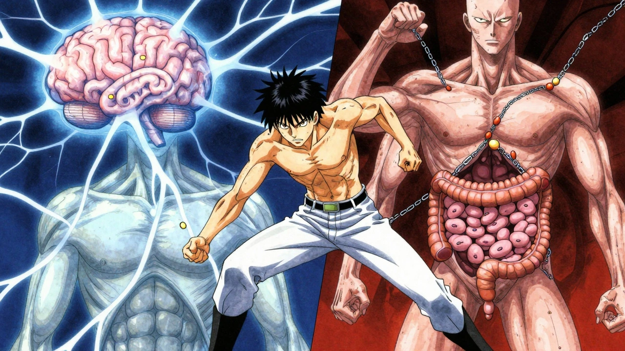 Split-body illustration showing brain adapting to medication while gut remains unchanged.