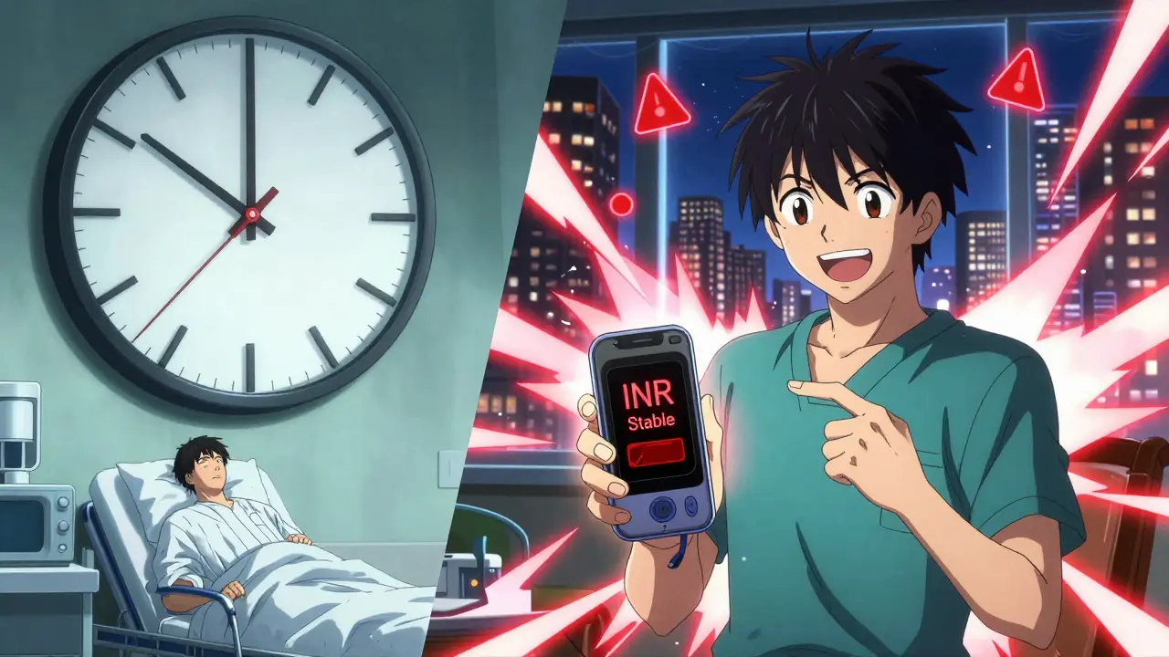 Split scene: anxious patient in clinic vs. confident patient at home with synced INR monitor.