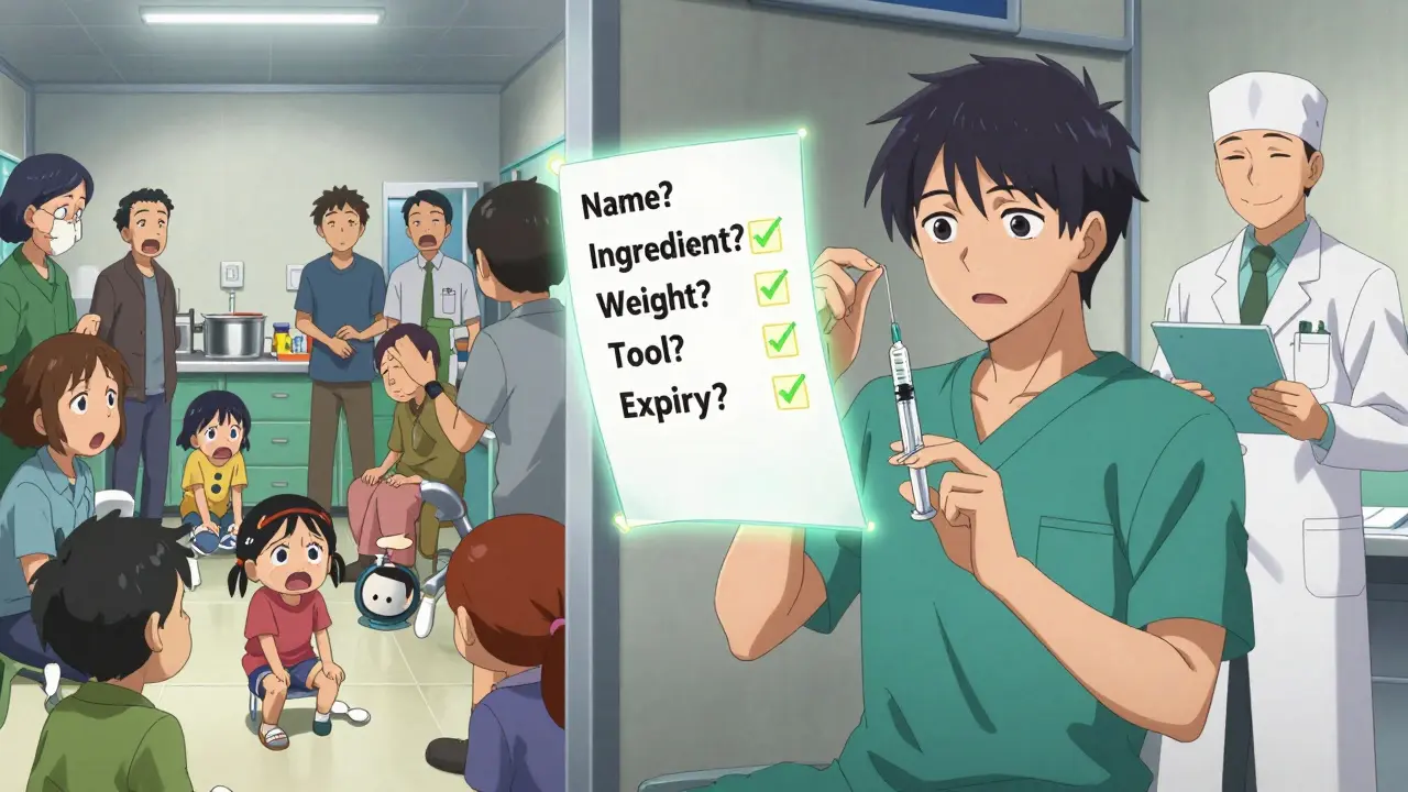 Split scene: chaotic ER vs calm parent measuring dose with glowing safety checklist