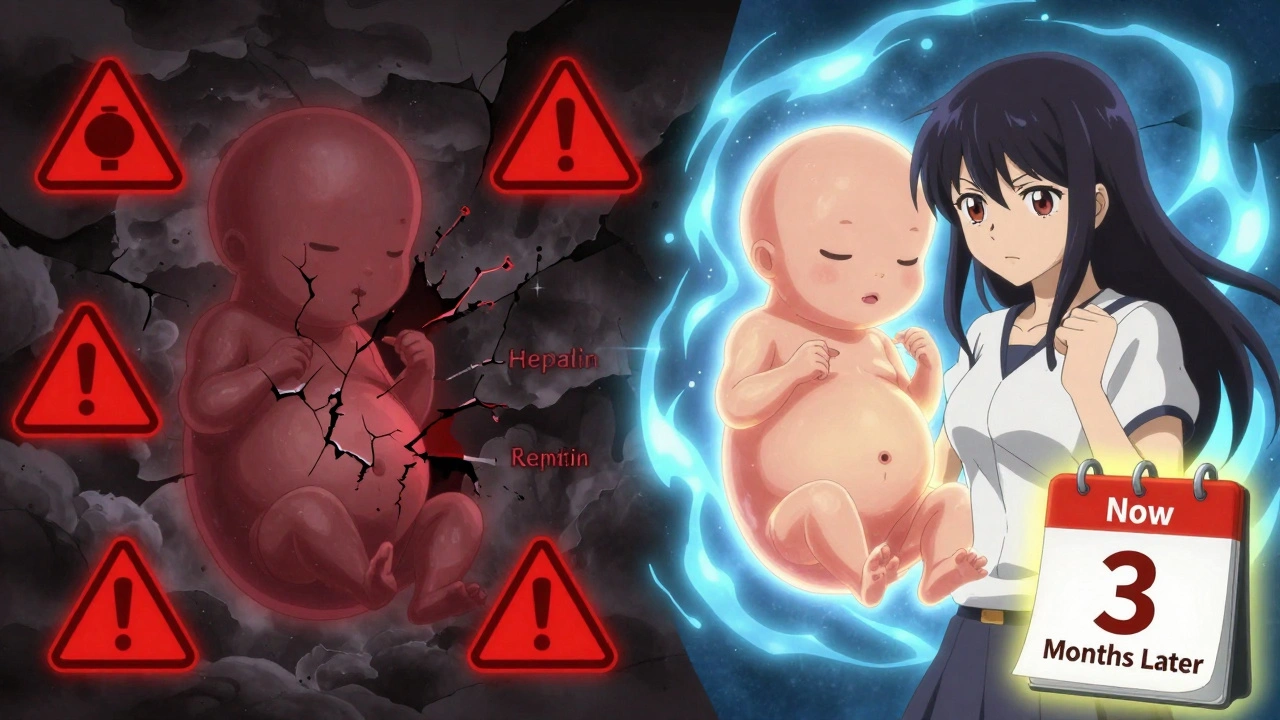 Split scene: dangerous medications harming embryo vs. safe alternatives protecting it, with calendar showing time transition.
