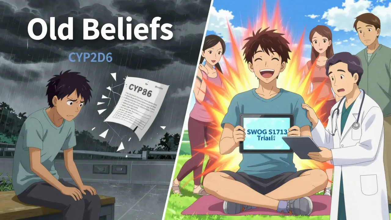 Split scene: patient moving from stormy doubt to calm clarity with support symbols and a clinical trial banner.