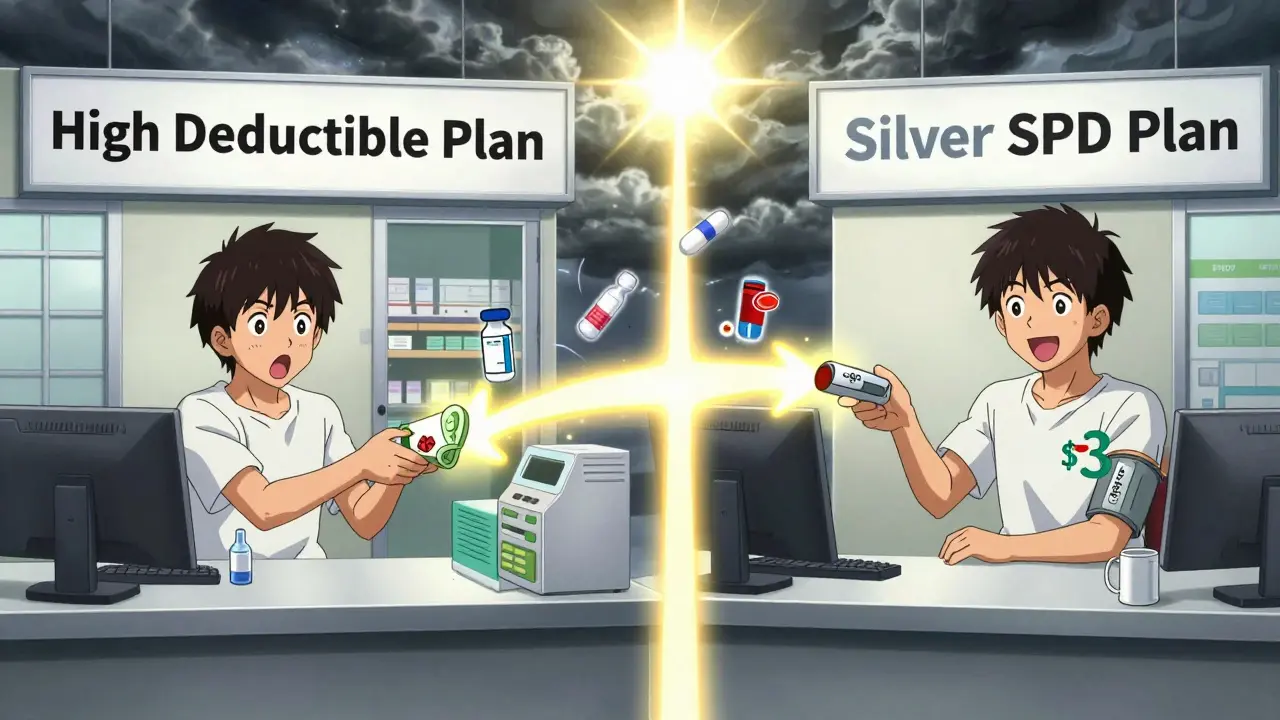 Split scene: person paying ,800 vs.  for meds, one side dark and stressful, the other bright and hopeful.