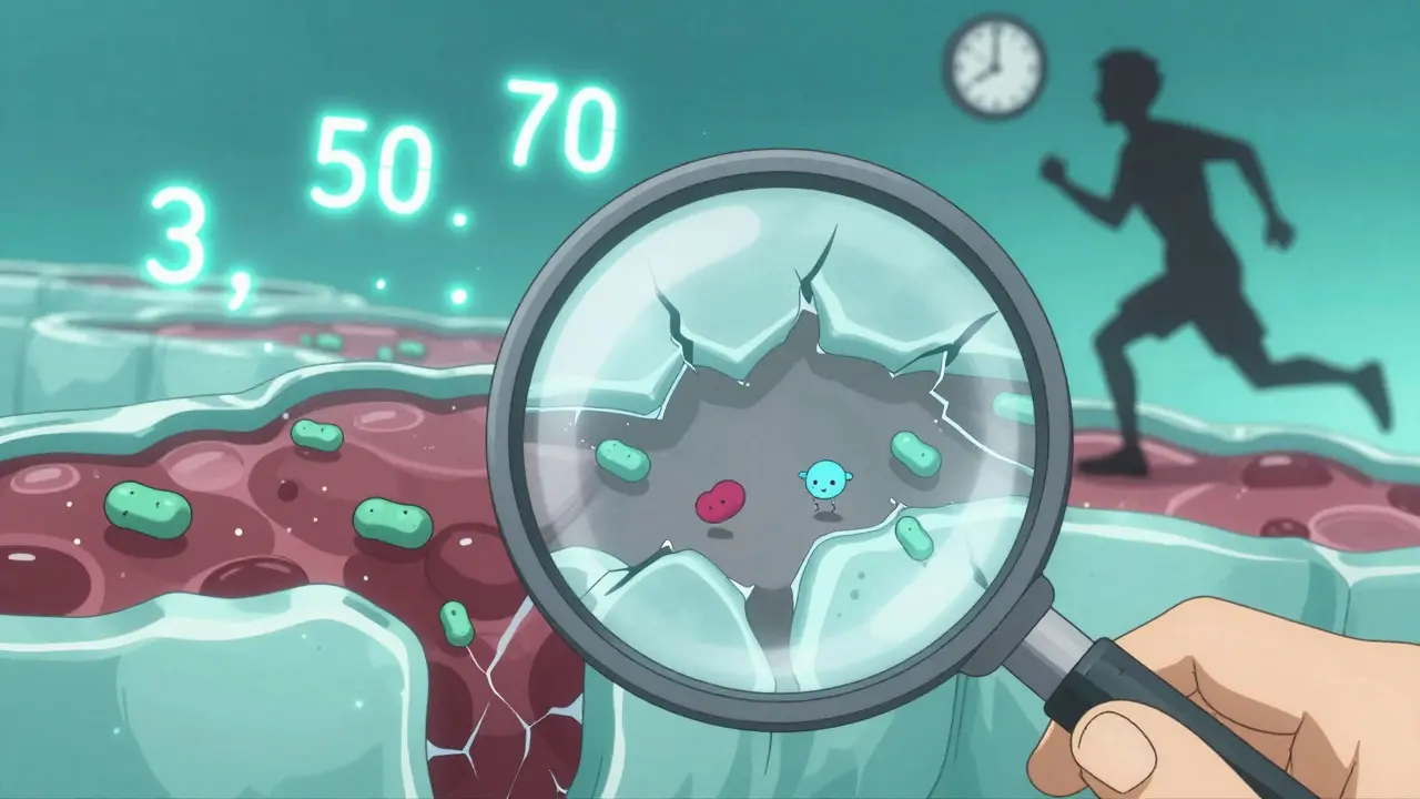 Urine sample under magnifying glass showing albumin leaking through damaged kidney filters.