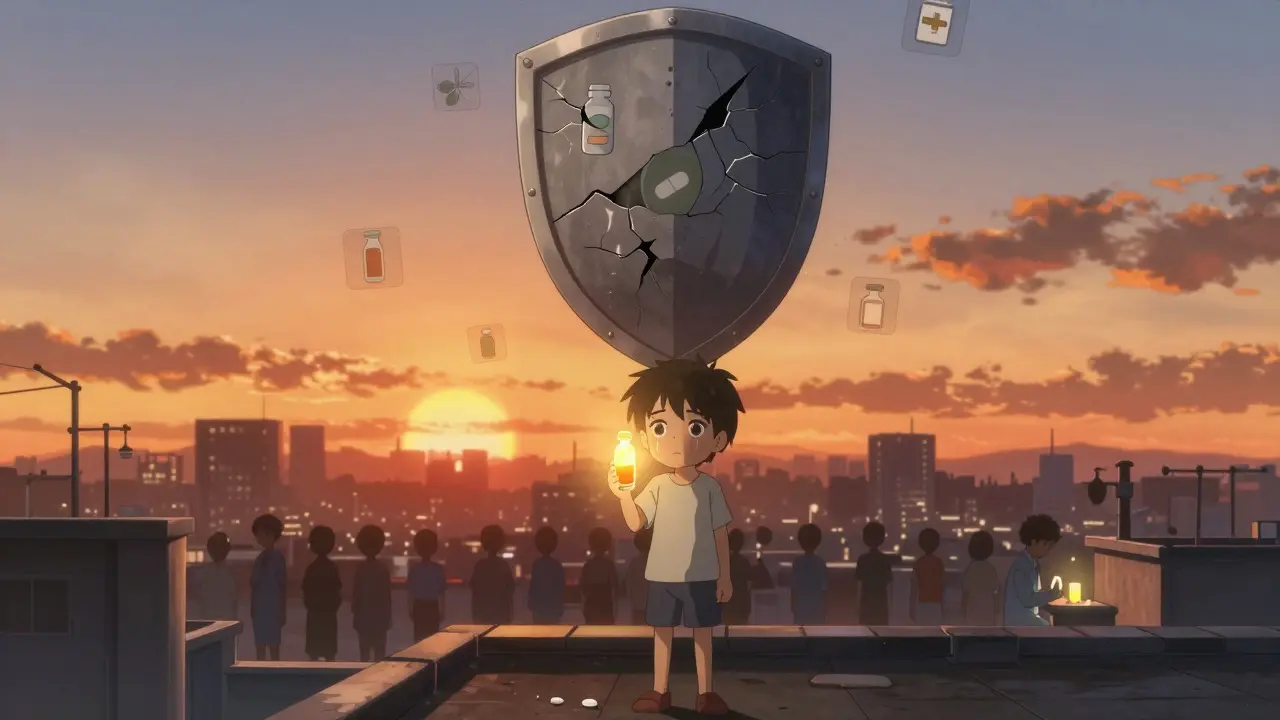 A child holds a glowing orphan drug as a seven-year protection shield hovers above them.