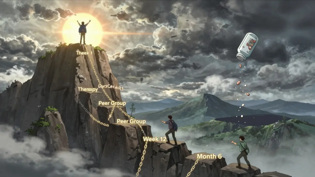 A climber ascending a mountain labeled with tapering weeks, supported by therapy and peer chains, reaching sunrise at the top.