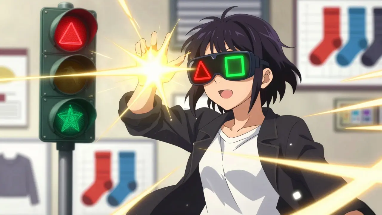 A designer wearing AR glasses that label colors with shapes in a vibrant city setting.