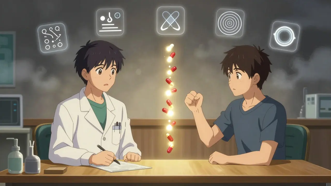 A doctor and patient review a glowing transition chart from Xanax to Valium during a tapering consultation.