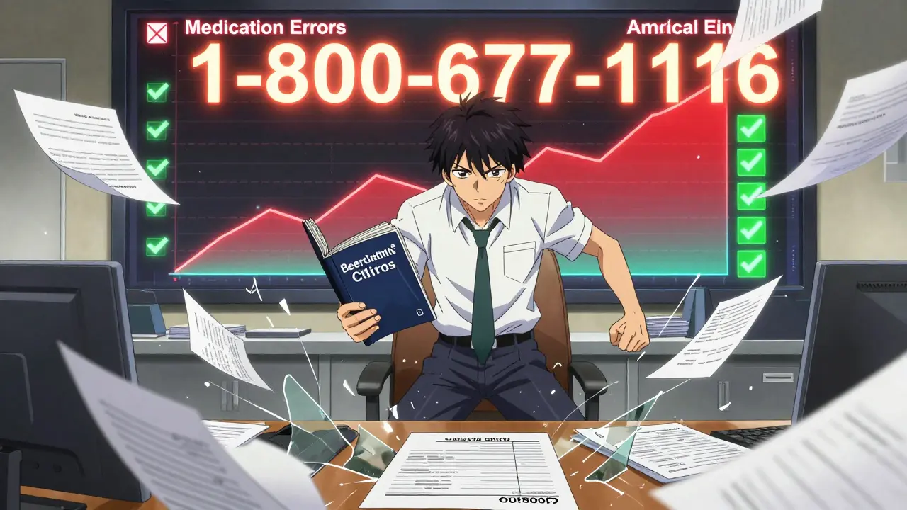 A family member files a complaint as error reports explode around them, with a hotline number glowing brightly in the background.