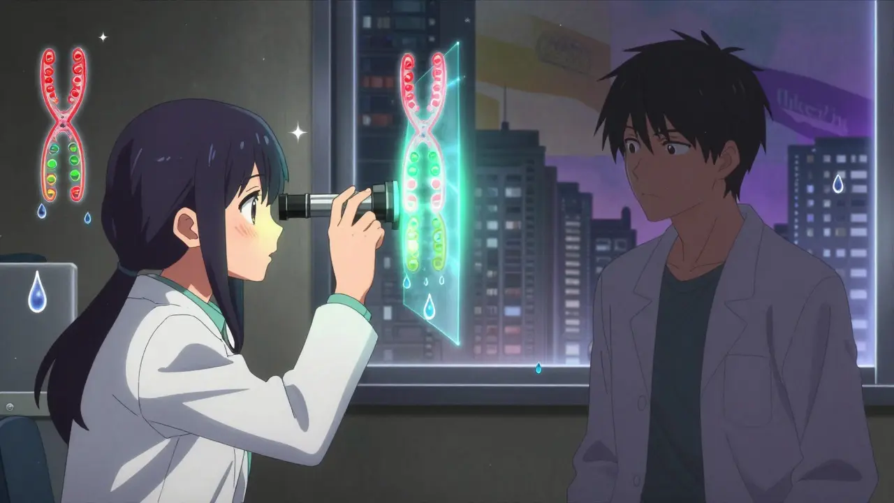 A girl diagnosing color blindness with a holographic device, X chromosomes floating nearby.