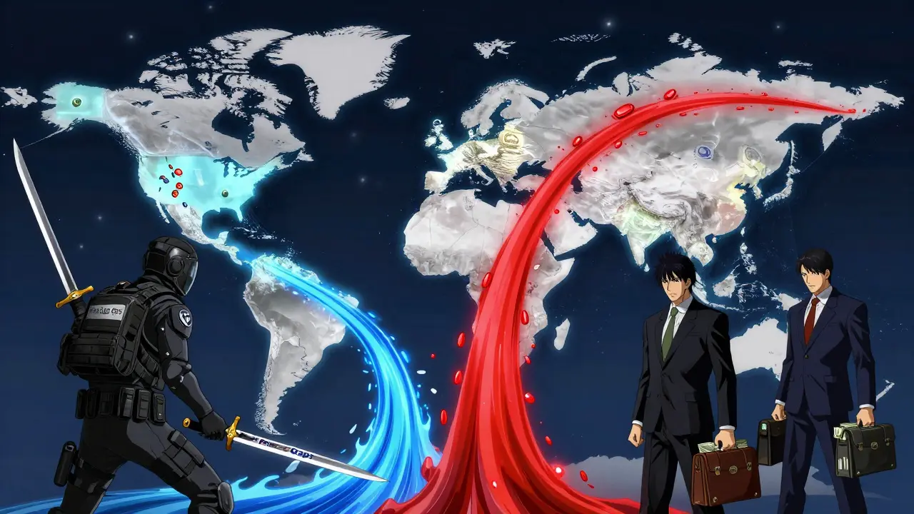 A global map with U.S. generics flowing cheaply as blue streams, brand-name drugs as red torrents, and Medicare negotiators fighting back.