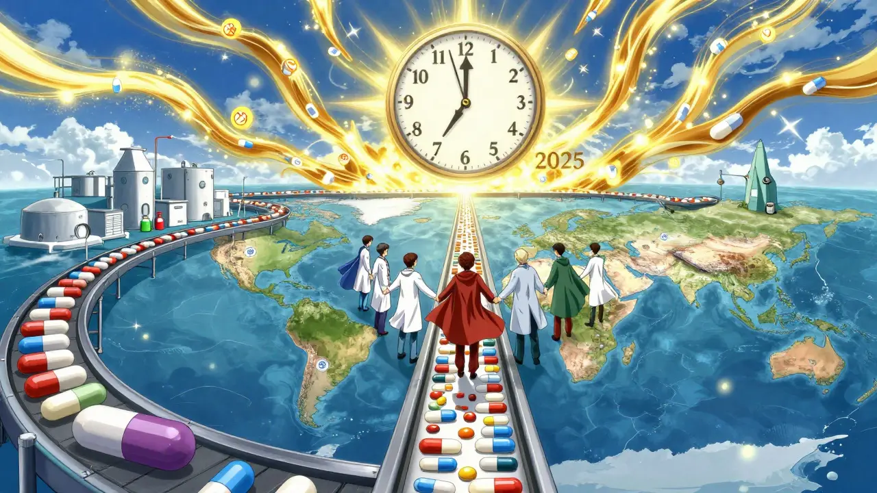 A global pipeline of generic medicines flows across continents, with doctors uniting as patent expirations light up the sky.