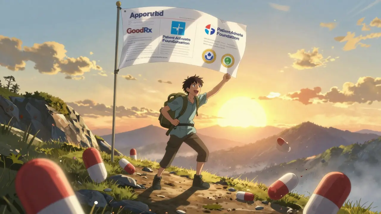 A patient hikes a mountain with approved insurance papers as a victory banner, crushing generic pill monsters below.
