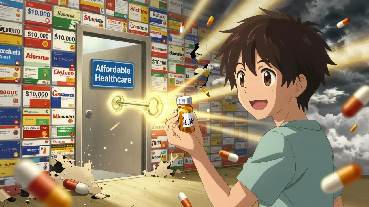 A patient holding a cheap generic pill that unlocks affordable healthcare, while expensive brand-name drugs crumble.
