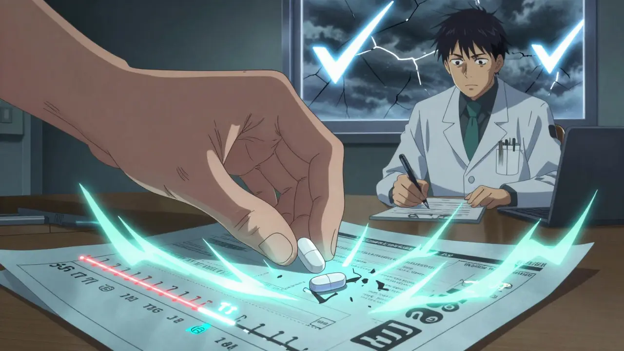 A patient places a brand-name pill beside a broken generic, with glowing lab results radiating around them.