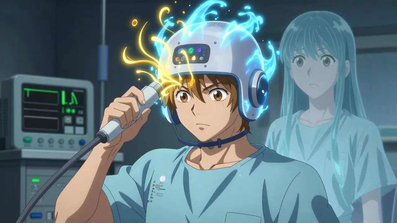 A patient undergoing chemotherapy with a scalp cooling device, golden hair follicles resisting loss.