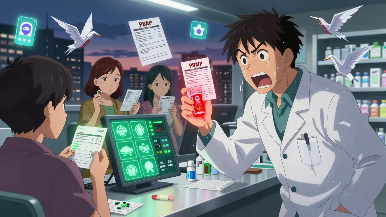 A pharmacist struggles with multiple state PDMP systems as glowing prescriptions and DEA notices hover around them in a chaotic pharmacy.