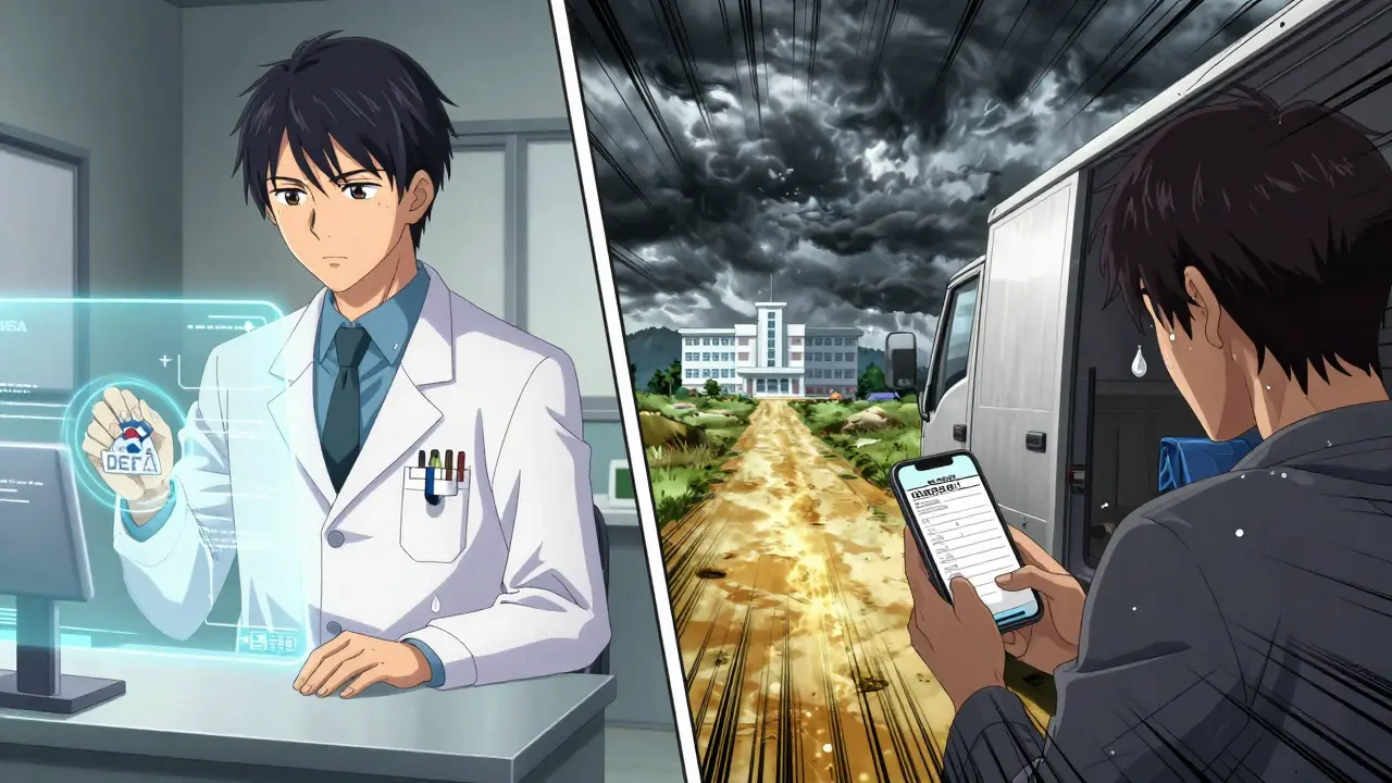 A psychiatrist prescribes buprenorphine via telemedicine while a patient in rural area faces a rejected prescription, stormy sky above.