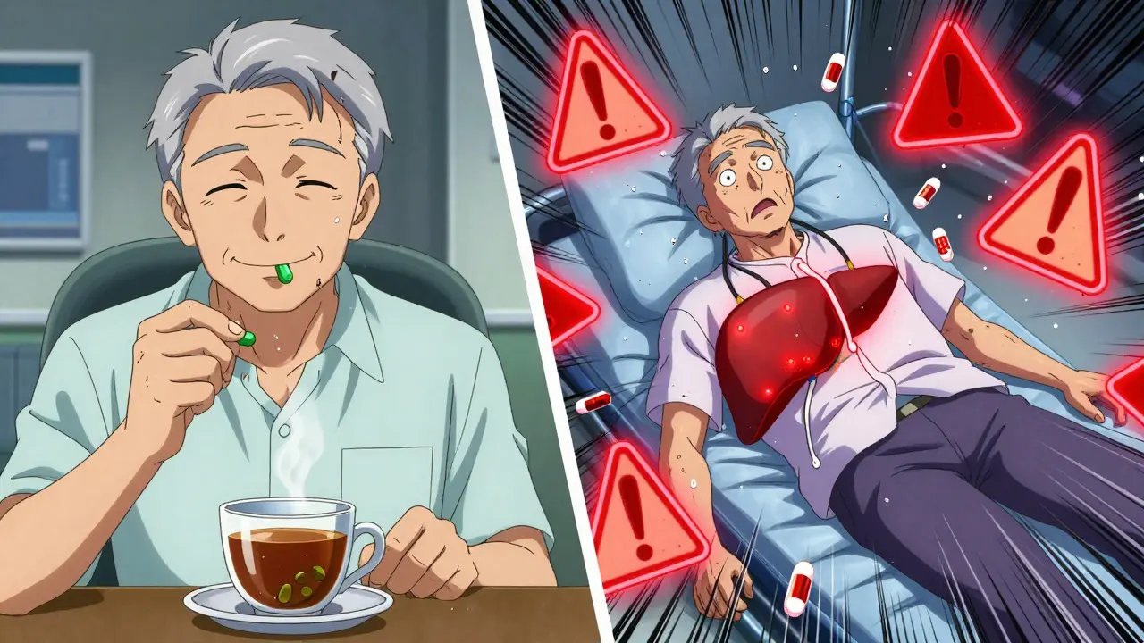 A senior collapses in an emergency room as glowing warning symbols explode around them after taking green tea extract with other meds.