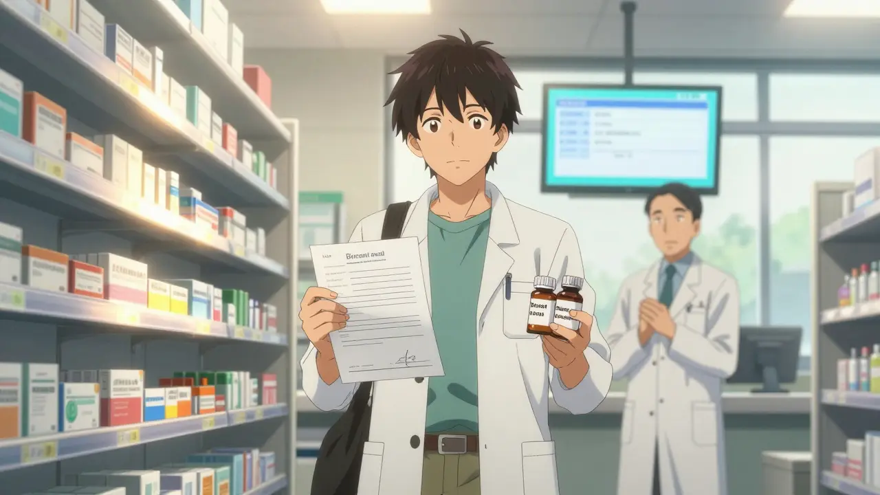 A traveler receives medication from a pharmacist in a well-lit hospital pharmacy, presenting official documents.
