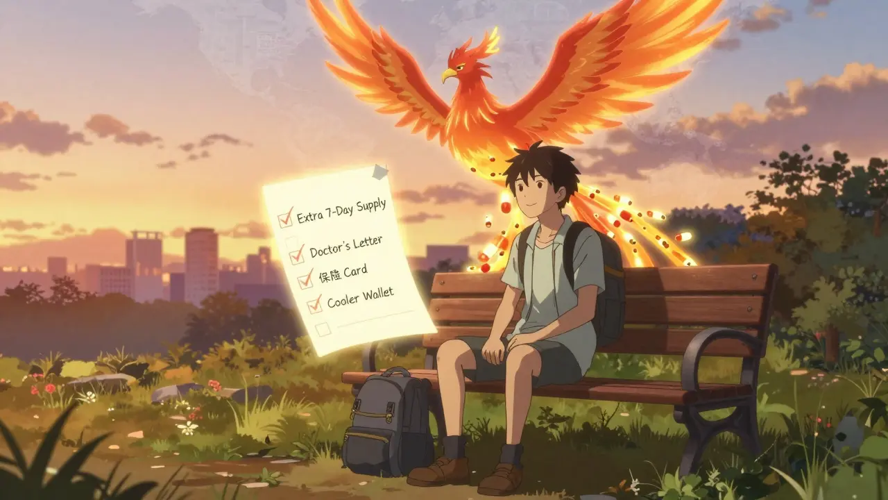 A traveler sits calmly on a bench with a glowing checklist of essential travel meds, symbolizing preparedness.