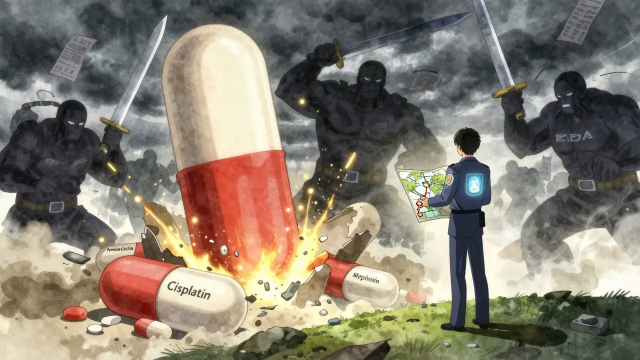 Crumbling generic drug tablets on a battlefield, corporate giants attacking, lone FDA inspector standing tall.