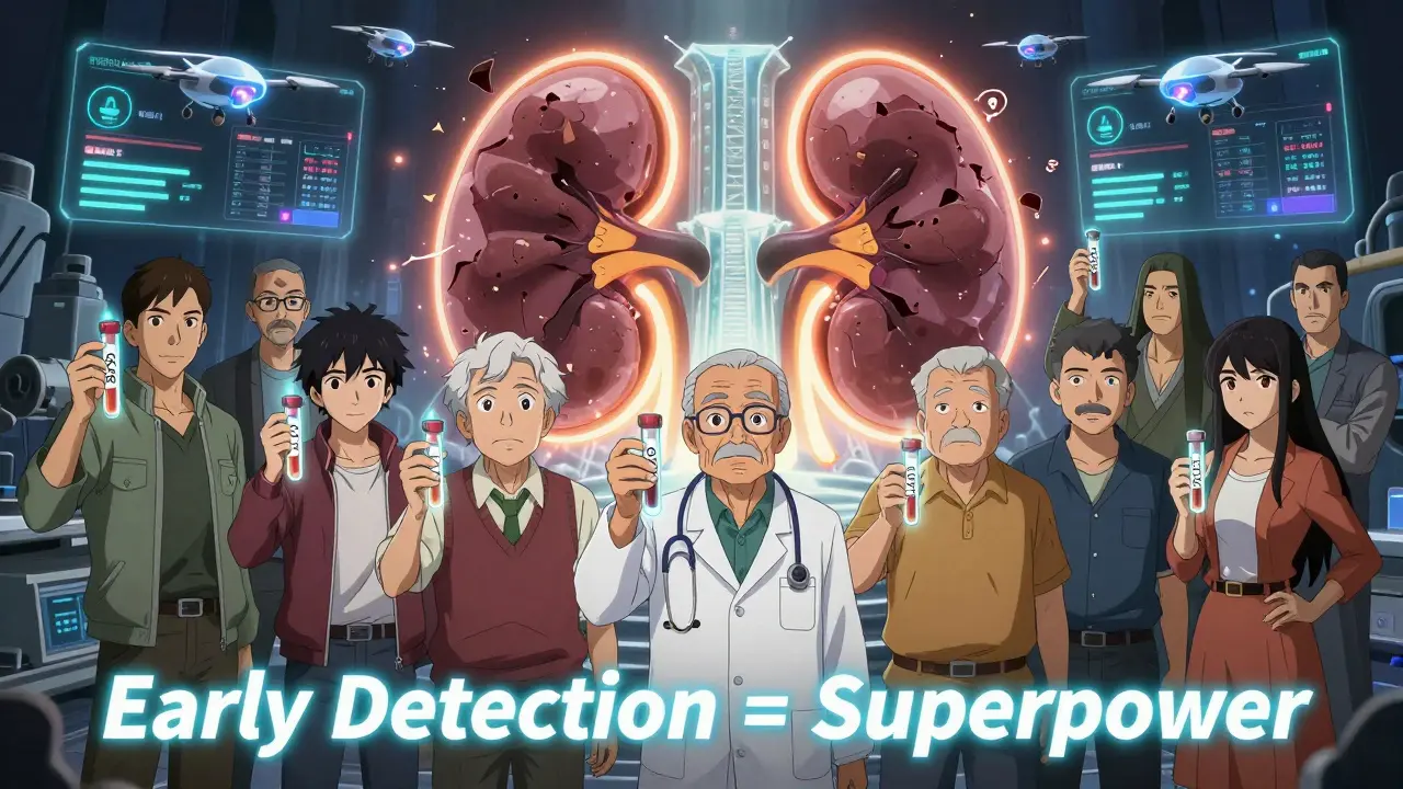 Diverse group uniting with test tubes to form a shield against kidney failure.