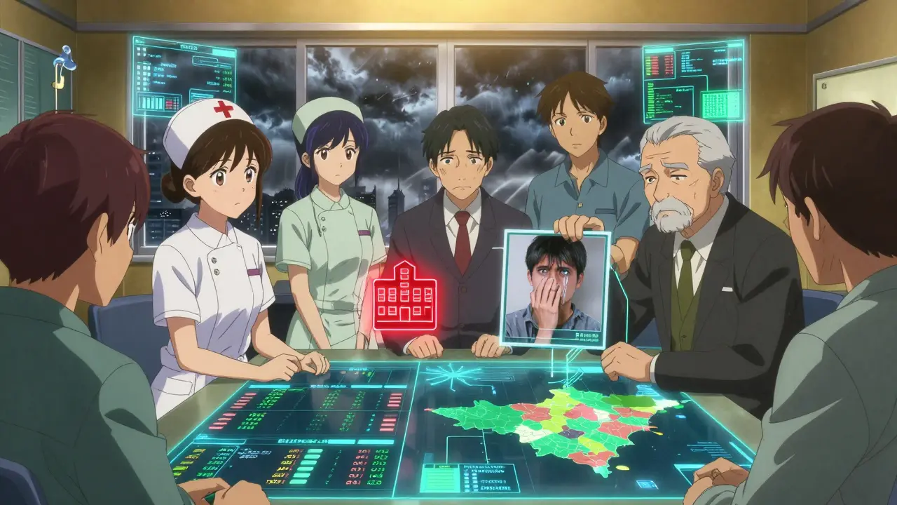 Diverse hospital committee analyzing drug shortage data with holographic ethics frameworks glowing around them.